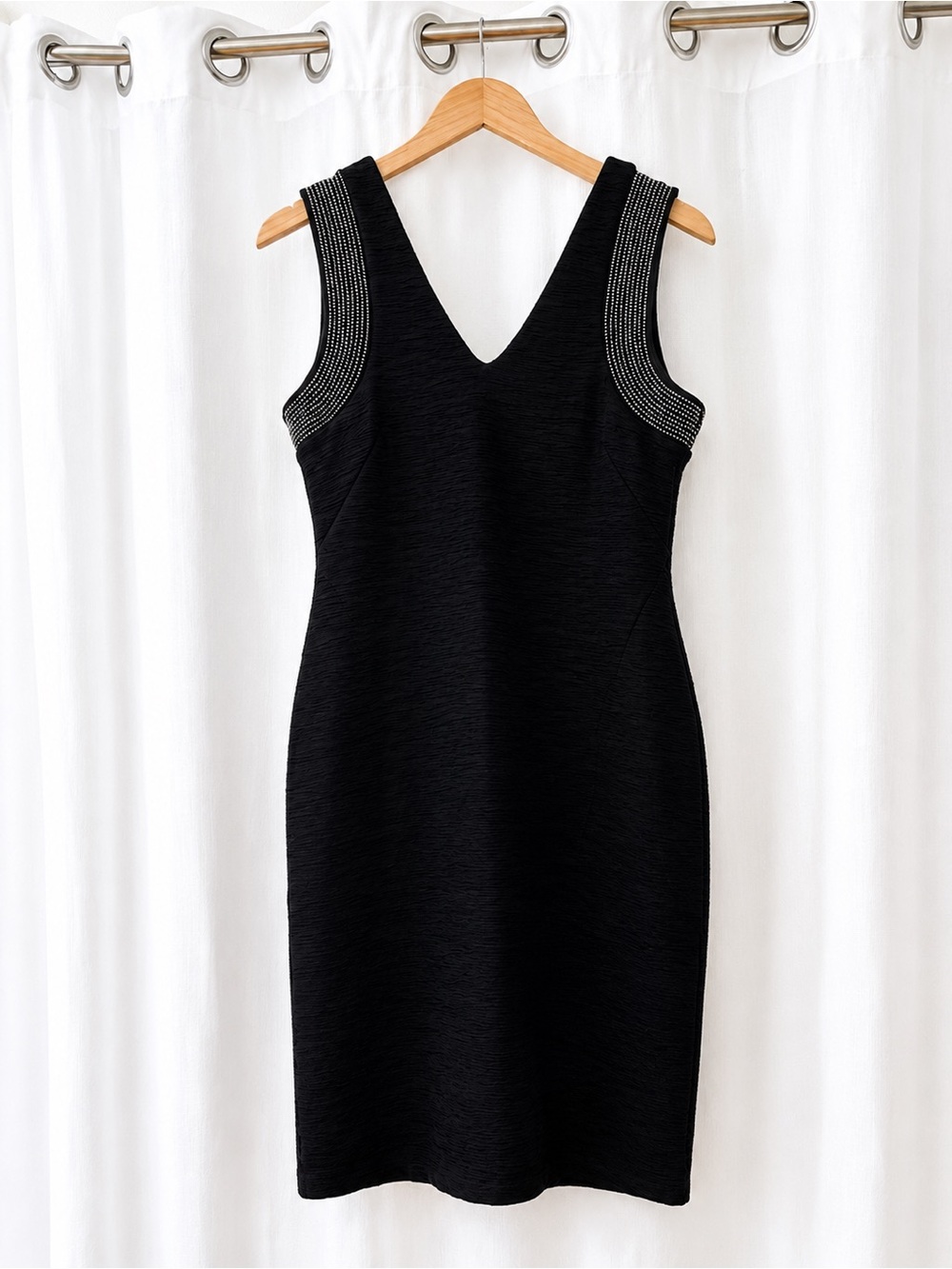 H&M Black V-Neck Midi Dress with Beaded Shoulder Detail Women’s Small